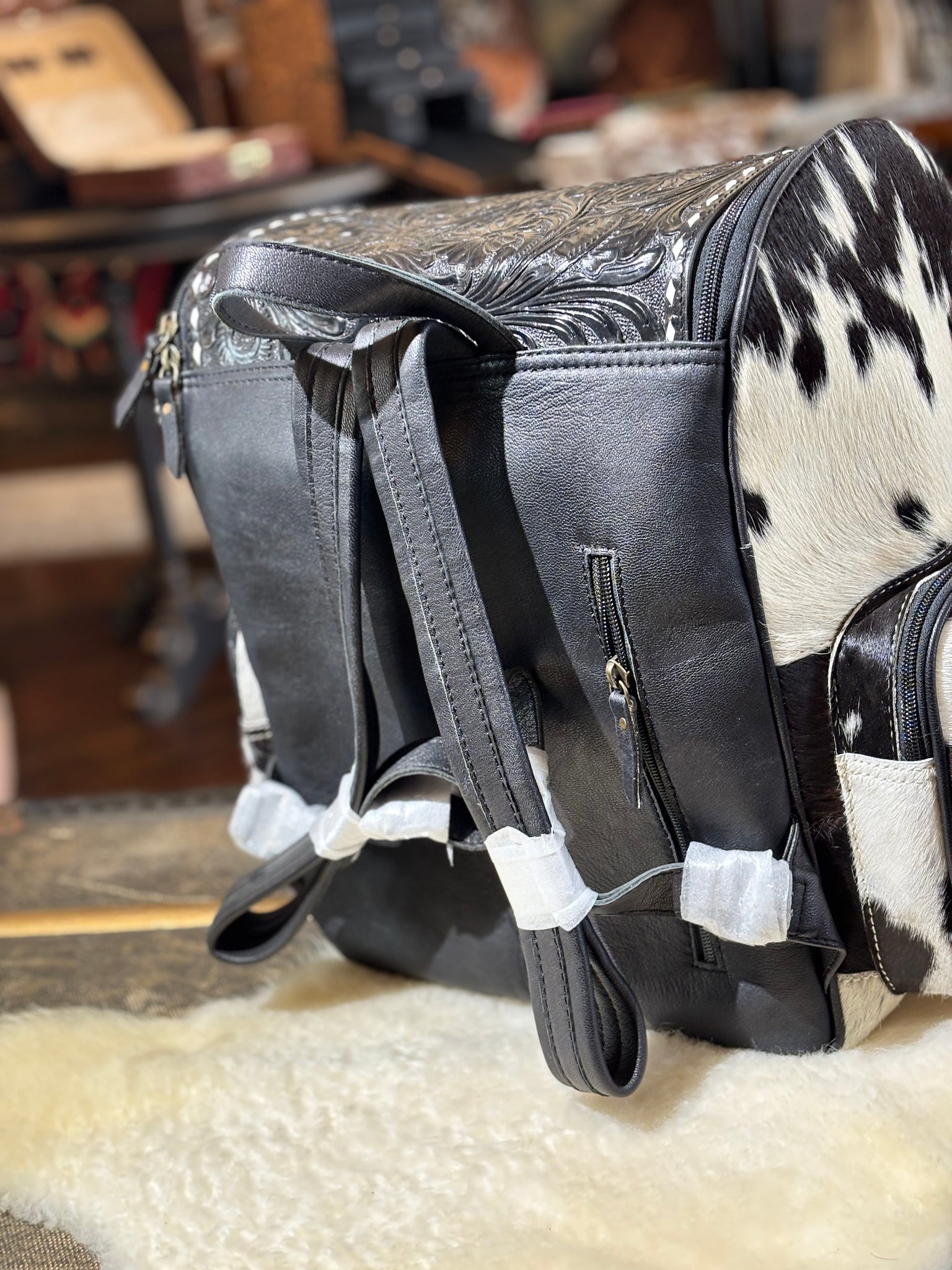 black tooled leather backpack American Darling Crocodile Embossed Hand-Tooled western a front zipper pocket Wholesale Western Tooled Leather Backpack