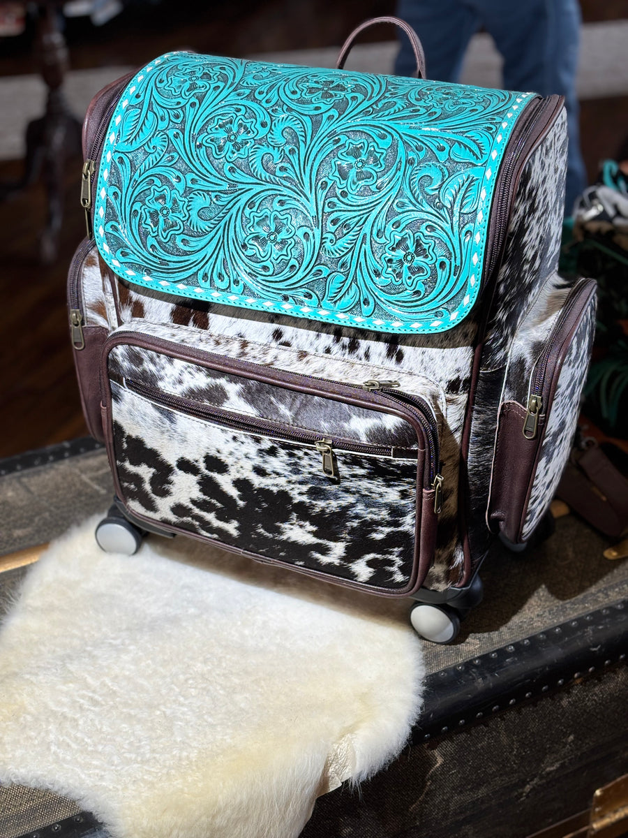 Hide and Tooled Leather Rolling Suitcase