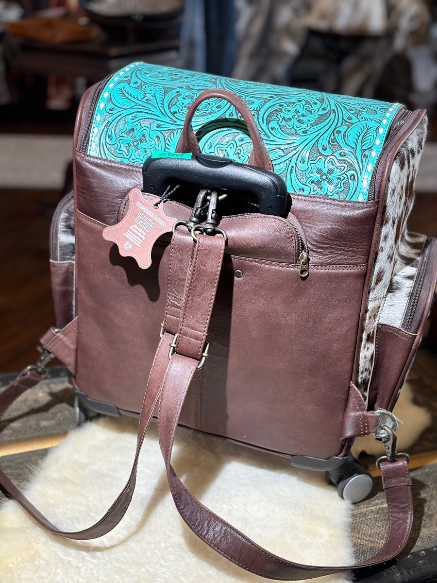 Hide and Tooled Leather Rolling Suitcase