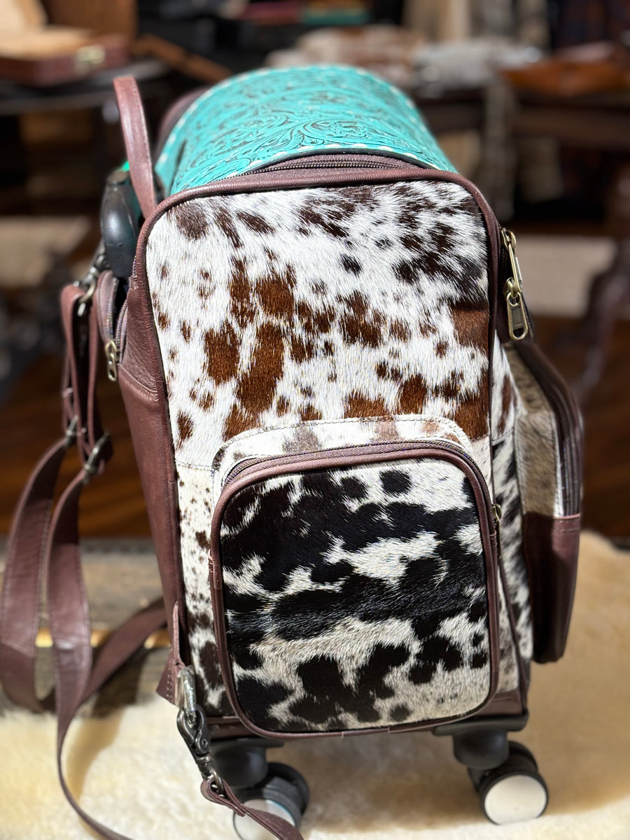 Hide and Tooled Leather Rolling Suitcase